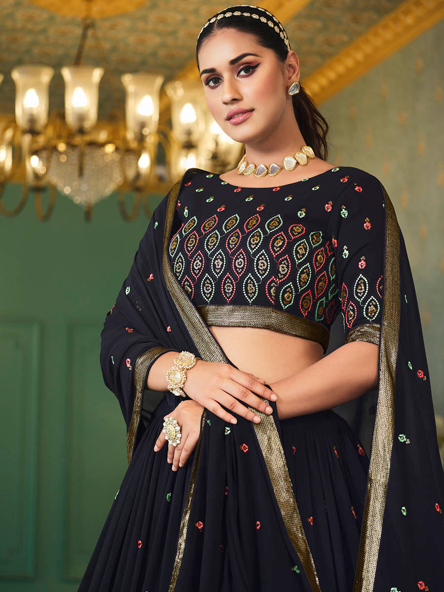 Myra Navy Blue Georgette Embroidered Designer Lehenga - Distacart