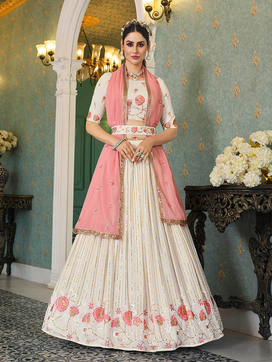 Myra Pearl White Georgette Embroidered Designer Lehenga - Distacart