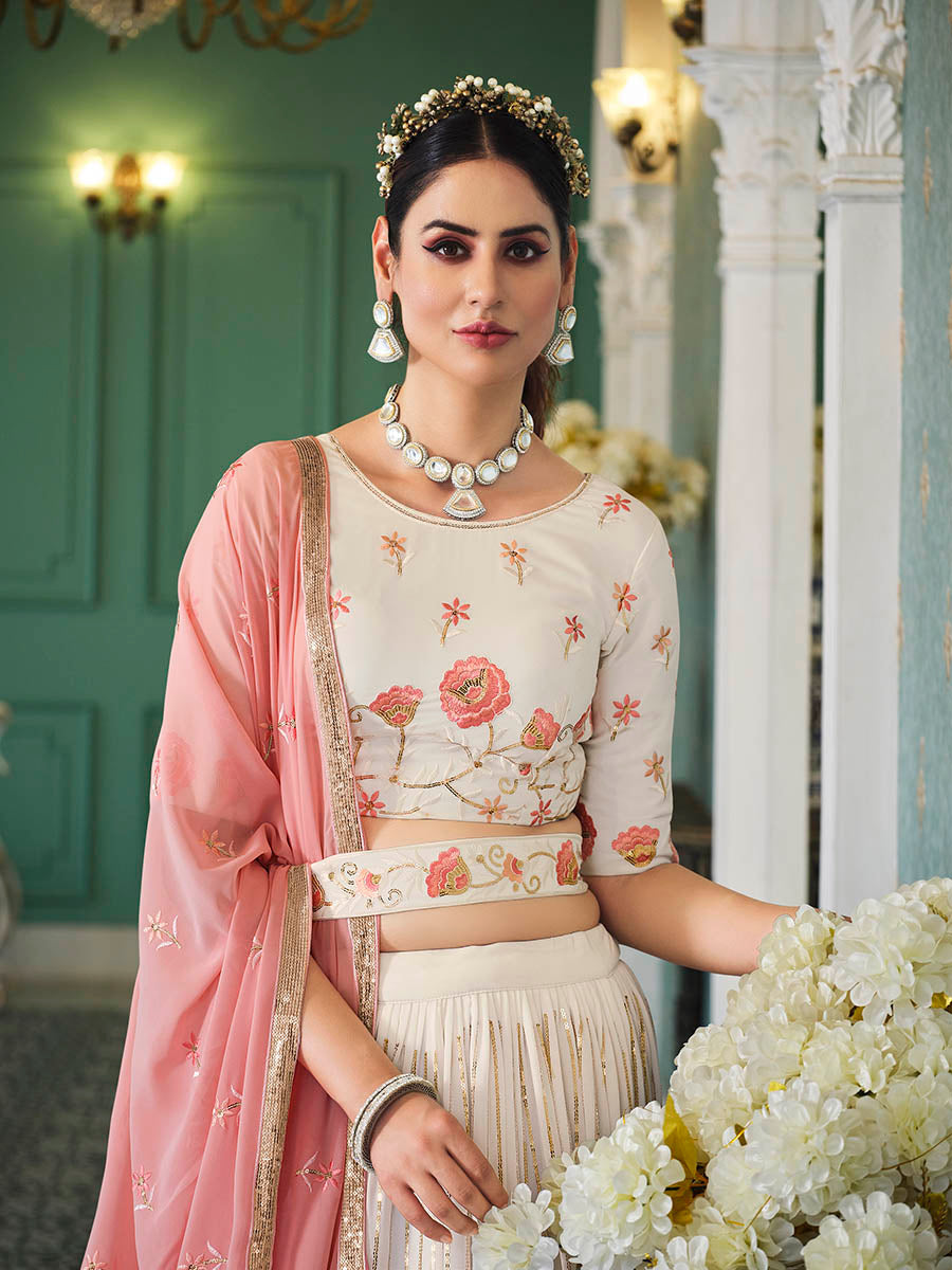 Myra Pearl White Georgette Embroidered Designer Lehenga - Distacart
