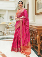 Thumbnail for Mitera Pink & Gold-Toned Woven Design Zari Silk Blend Patola Saree - Distacart