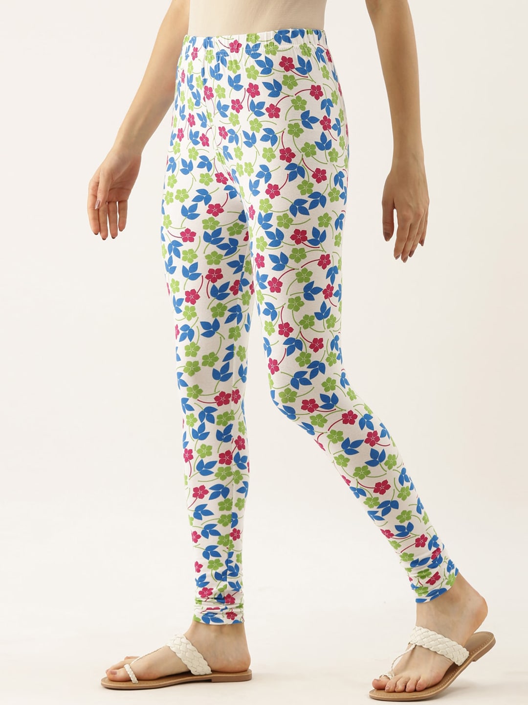 Souchii White & Blue Printed Slim-Fit Ankle-Length Leggings - Distacart