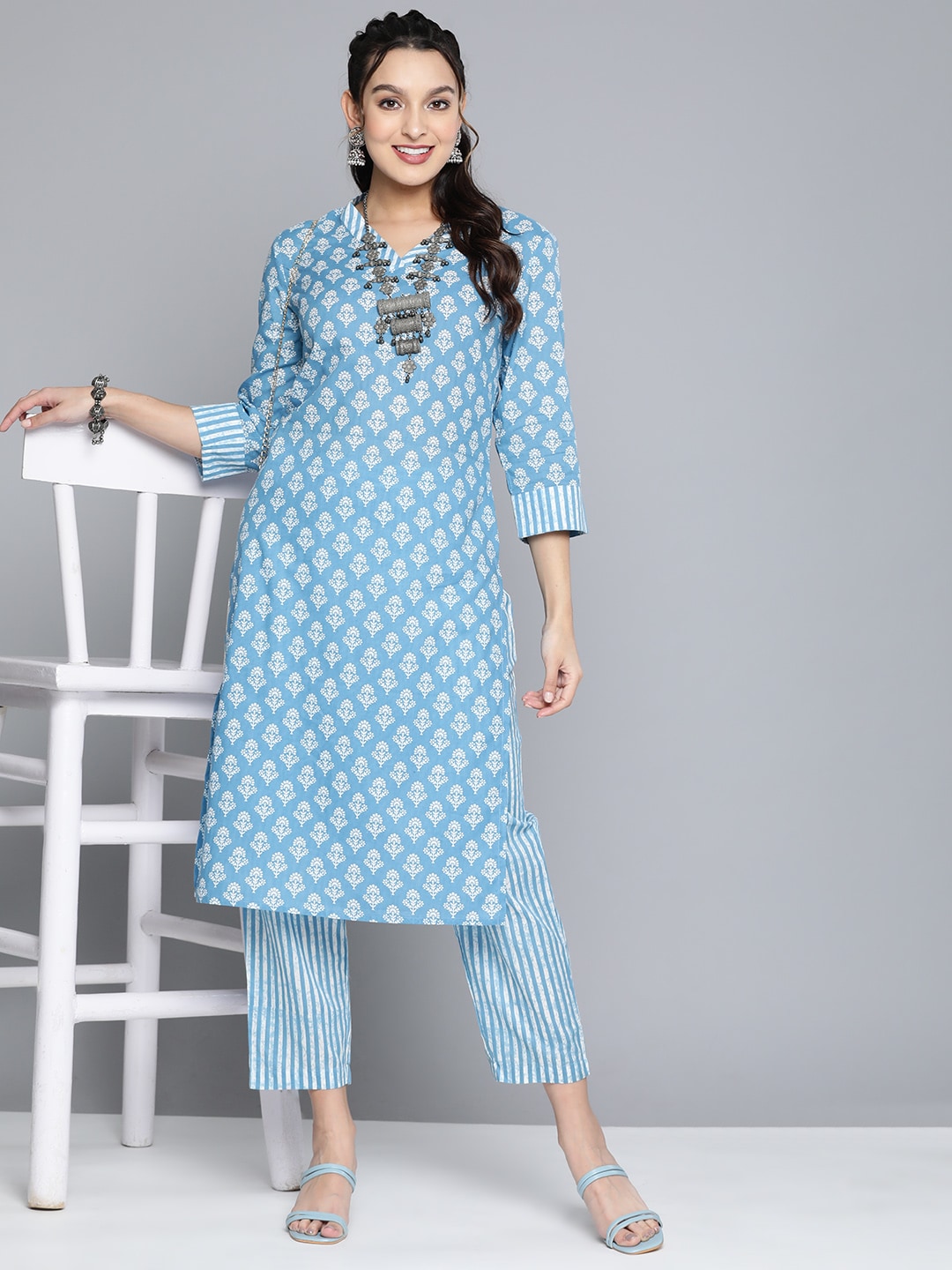 HERE&NOW Women Ethnic Motifs Printed Pure Cotton Kurta with Palazzos - Distacart