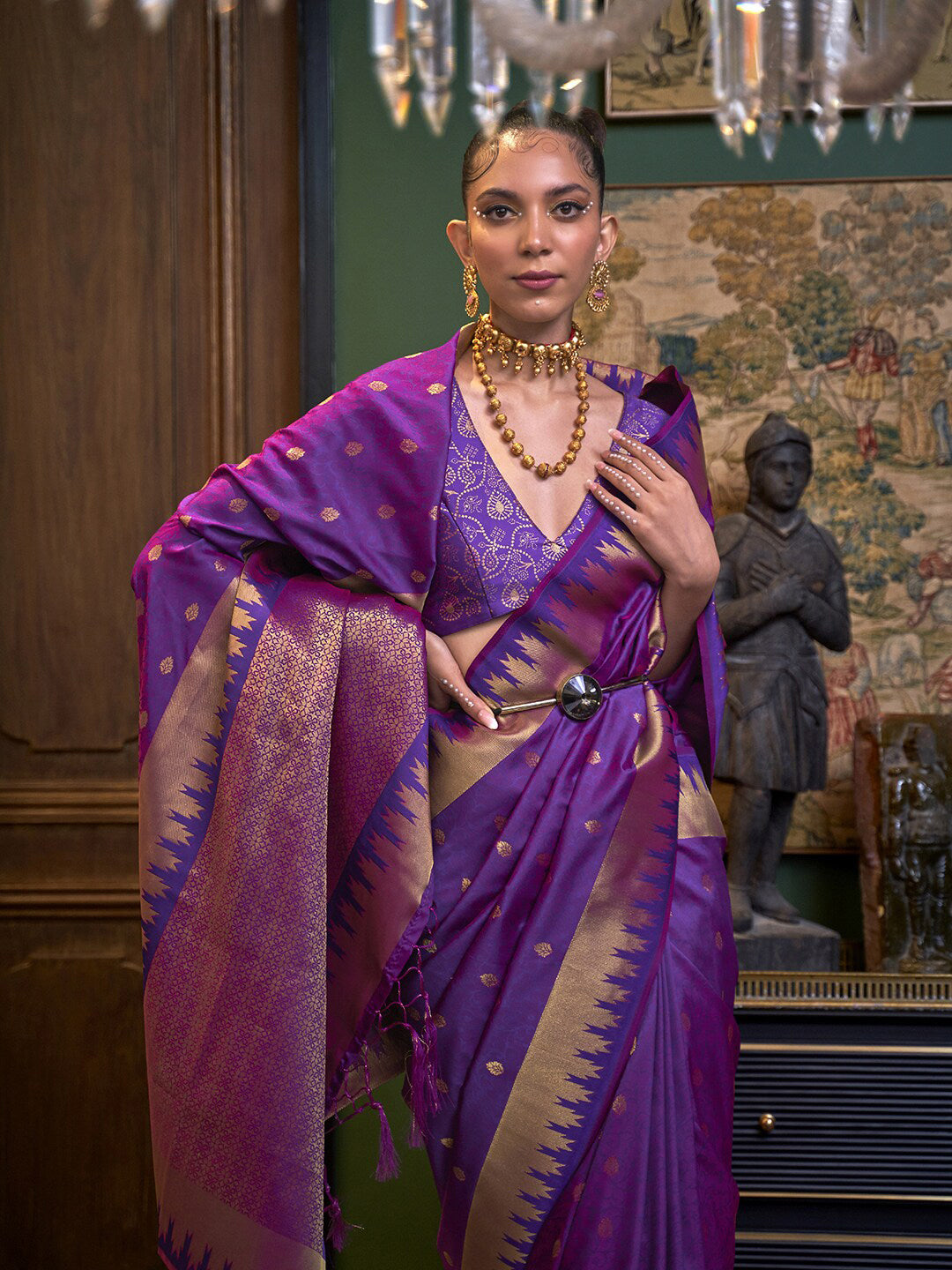 Mitera Purple & Gold-Toned Ethnic Motifs Zari Silk Blend Kanjeevaram Saree - Distacart