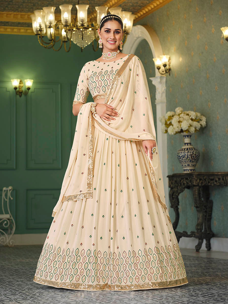 Myra Beige Georgette Embroidered Designer Lehenga - Distacart