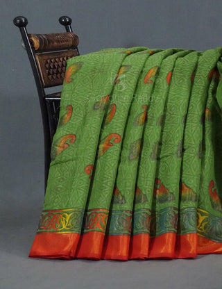Parrot Green Colour With Orange Blouse Cotton Brasso Saree By Gayathri Reddy Designer Studio - Distacart