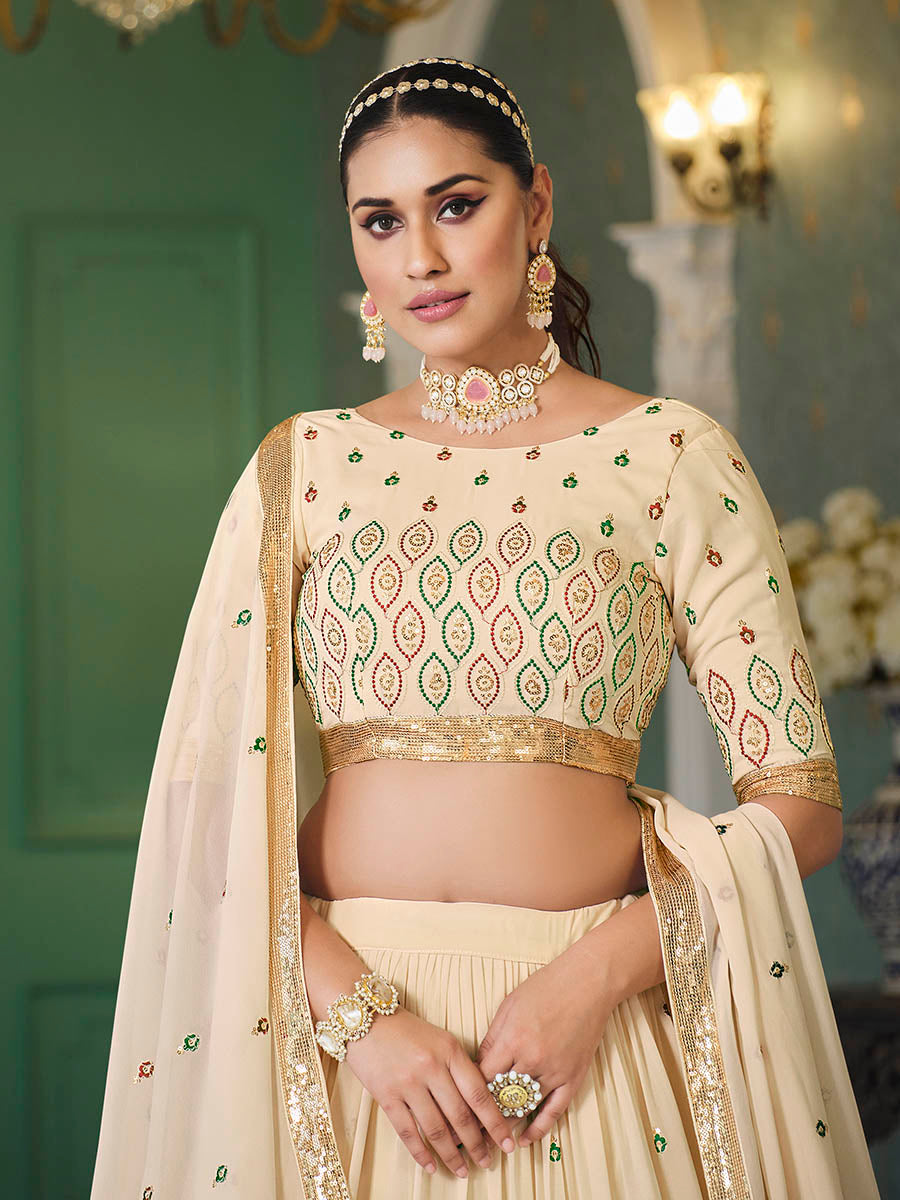 Myra Beige Georgette Embroidered Designer Lehenga - Distacart