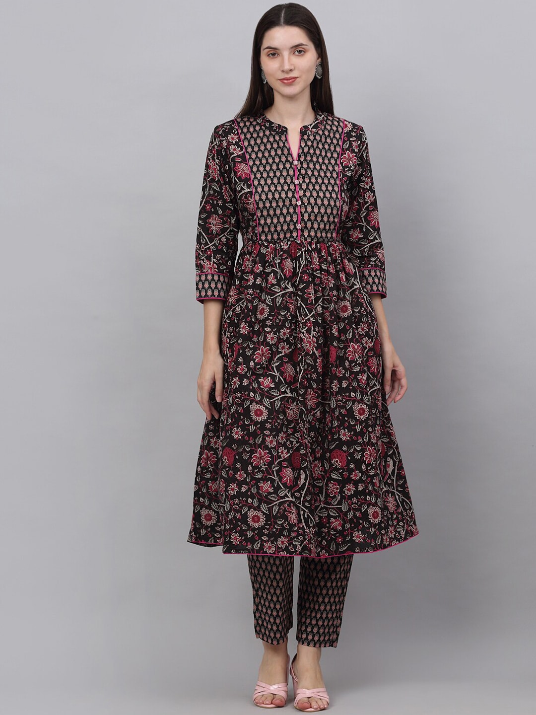 Kalini Women Floral Printed Pleated Pure Cotton Kurti with Trousers & With Dupatta - Distacart