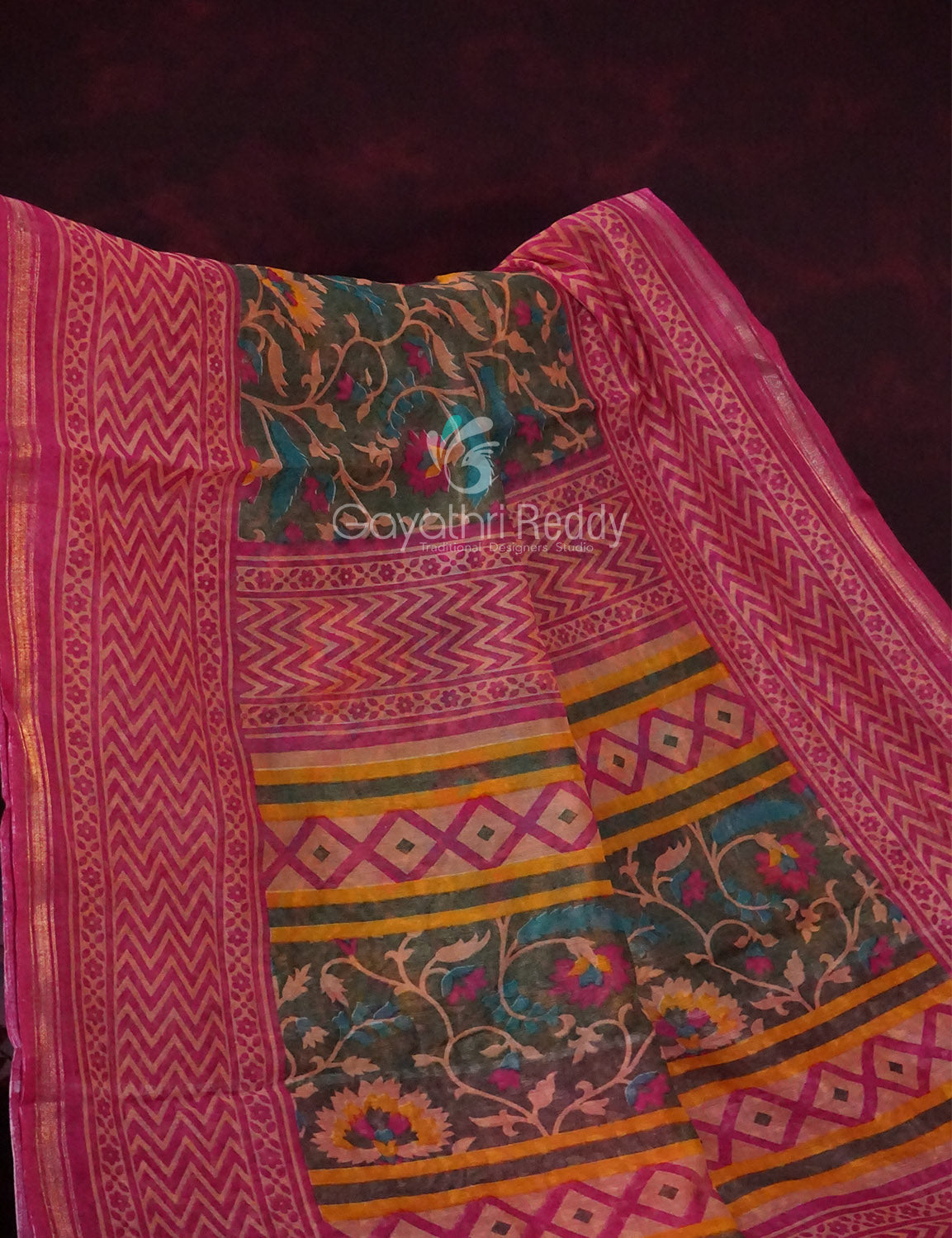 Shades of Dark Green With Rose Pink Blouse Creeper Design Semi Chanderi Saree By Gayathri Reddy Designer Studio - Distacart