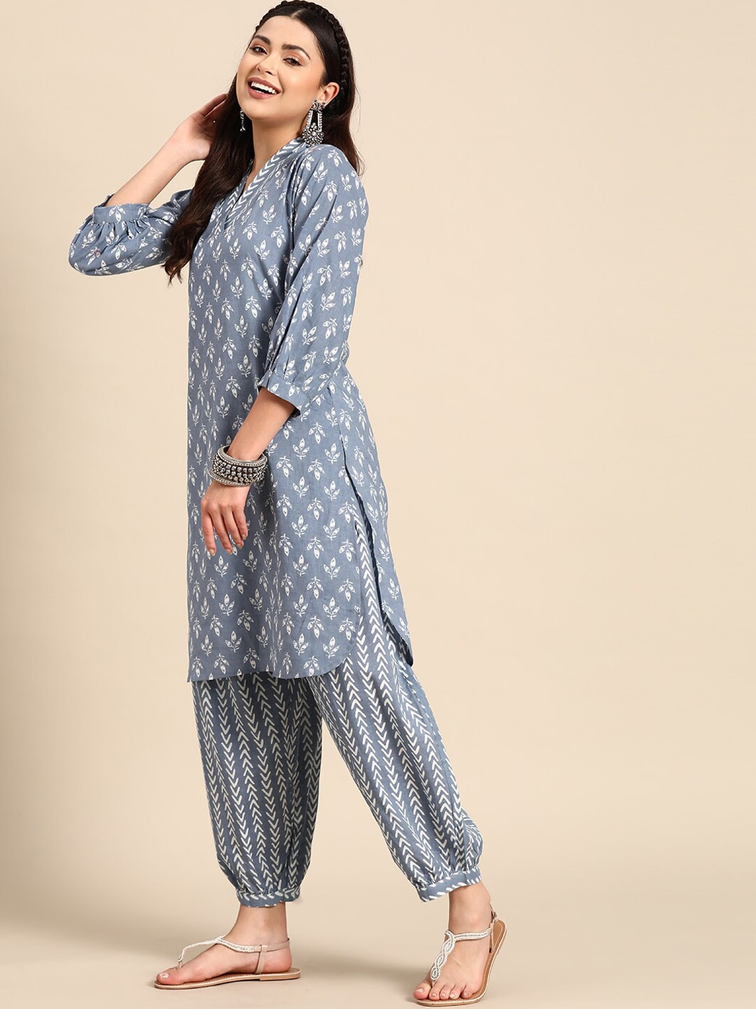 Sangria Blue & White Ethnic Motifs Printed V-Neck Pure Cotton A-Line Kurta With Salwar - Distacart
