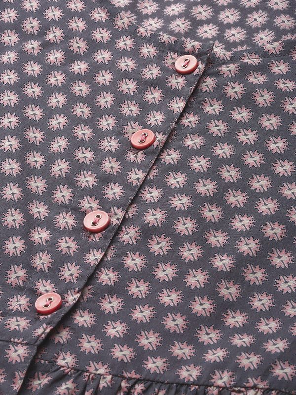 HERE&NOW Women Grey & Pink Floral Print Empire A-Line Kurta - Distacart