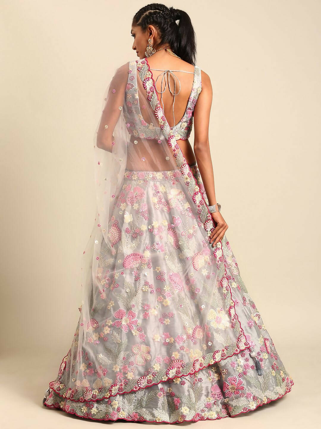 House of Panchhi Grey Organza Sequins and Zarkan embroidery Lehenga choli & Dupatta - Distacart