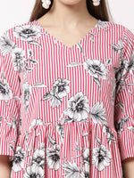 Thumbnail for Myshka Women's Pink Poly Crepe Printed Bell Sleeve Round Neck Dress