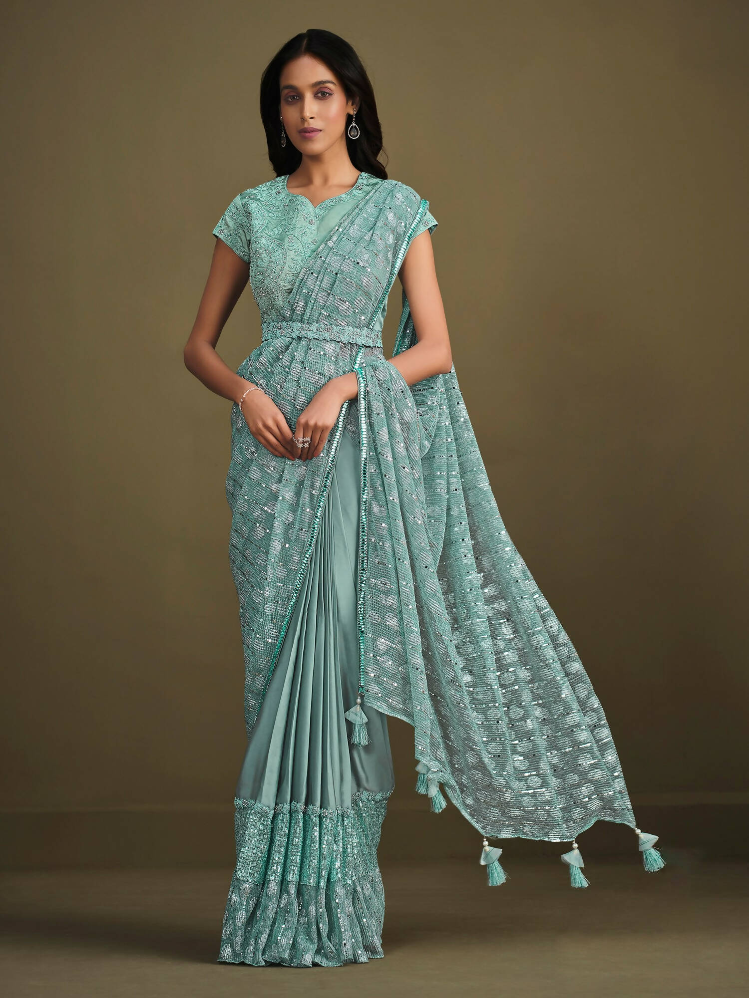 Light Blue Crepe Silk Sequence Embroidered With Texture Saree With Stitched Blouse - Mohmanthan La Belle - Distacart