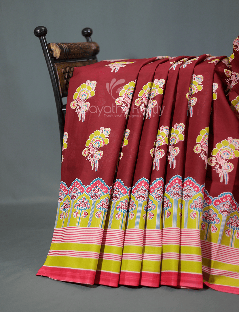 Block Print Maroon Coloured Mulmul Cotton Saree By Gayathri Reddy Designer Studio - Distacart