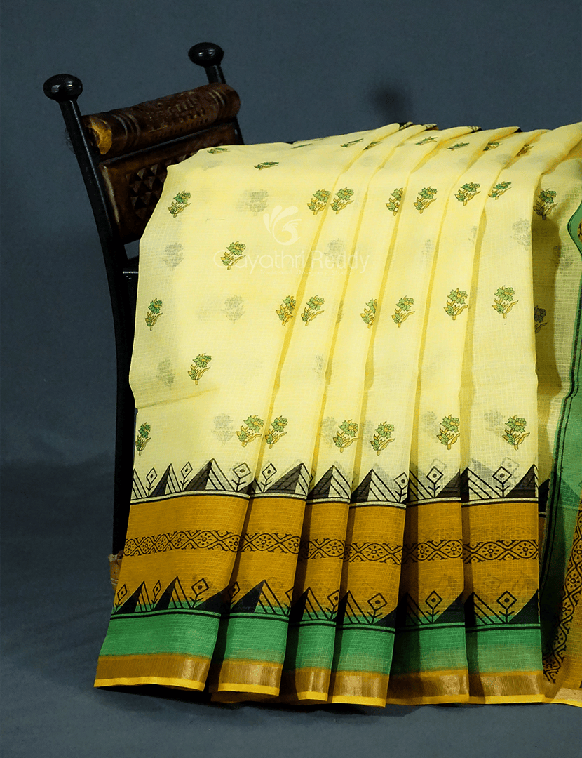 Lime Yellow Colour Block Print Pure Kota Cotton Saree By Gayathri Reddy Designer Studio - Distacart