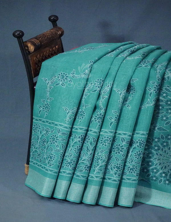 Shades of Light Rama Green Colour Floral Print Semi Chanderi Saree By Gayathri Reddy Designer Studio - Distacart