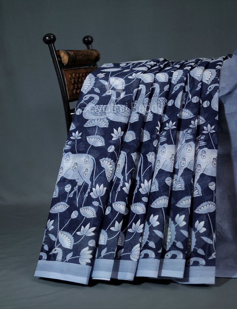Shades of Dark Navy Blue And Grey With Pichwai Print Munga Cotton Saree By Gayathri Reddy Designer Studio - Distacart