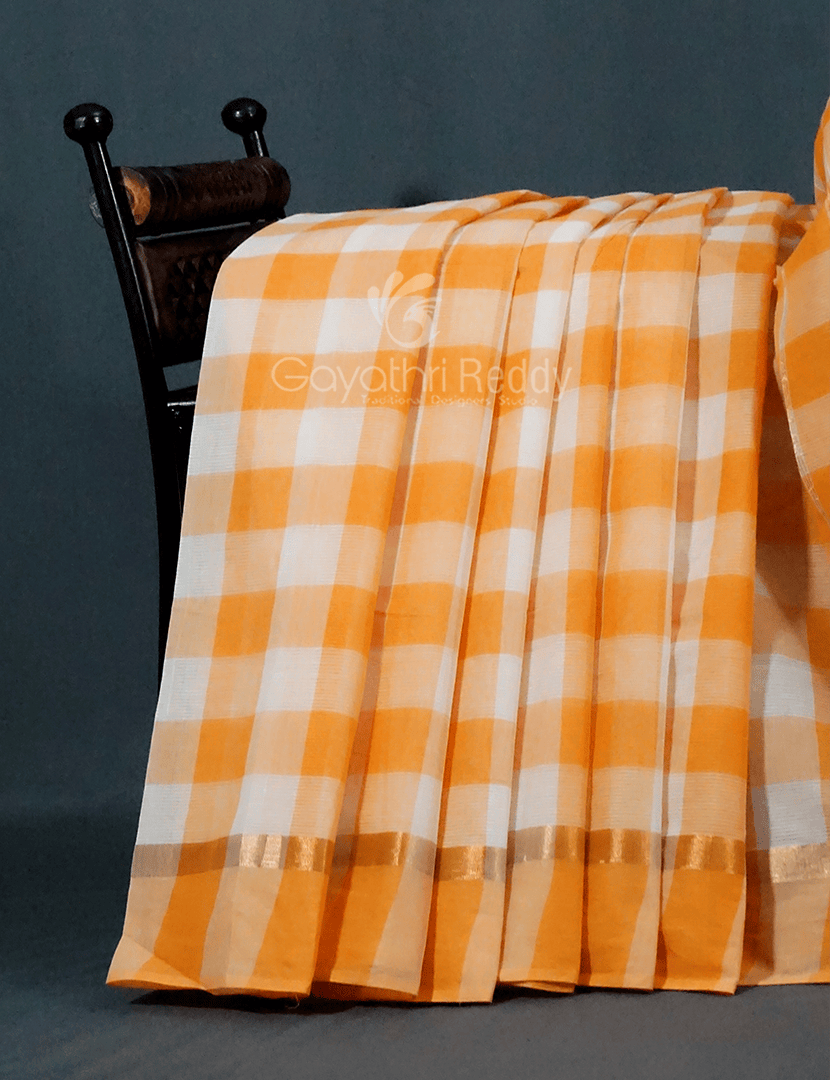 Cream And Orange Coloured With Checks Pure Mangalgiri Cotton Saree By Gayathri Reddy Designer Studio - Distacart