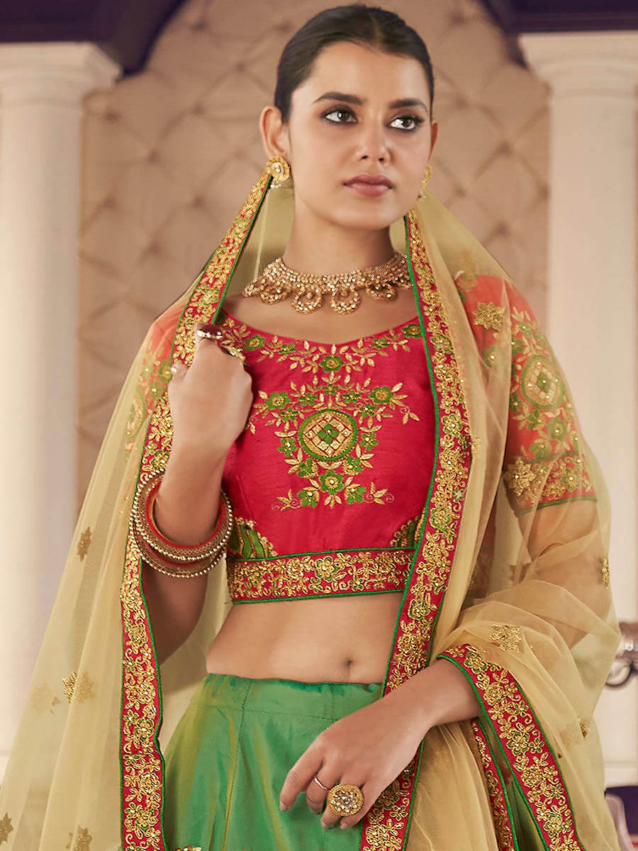 Myra Green Art Silk Jaquard Embroidered Lehenga - Distacart