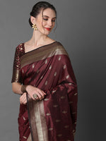 Thumbnail for Mitera Brown & Gold-Coloured Ethnic Motifs Woven Design Silk Blend Banarasi Saree - Distacart