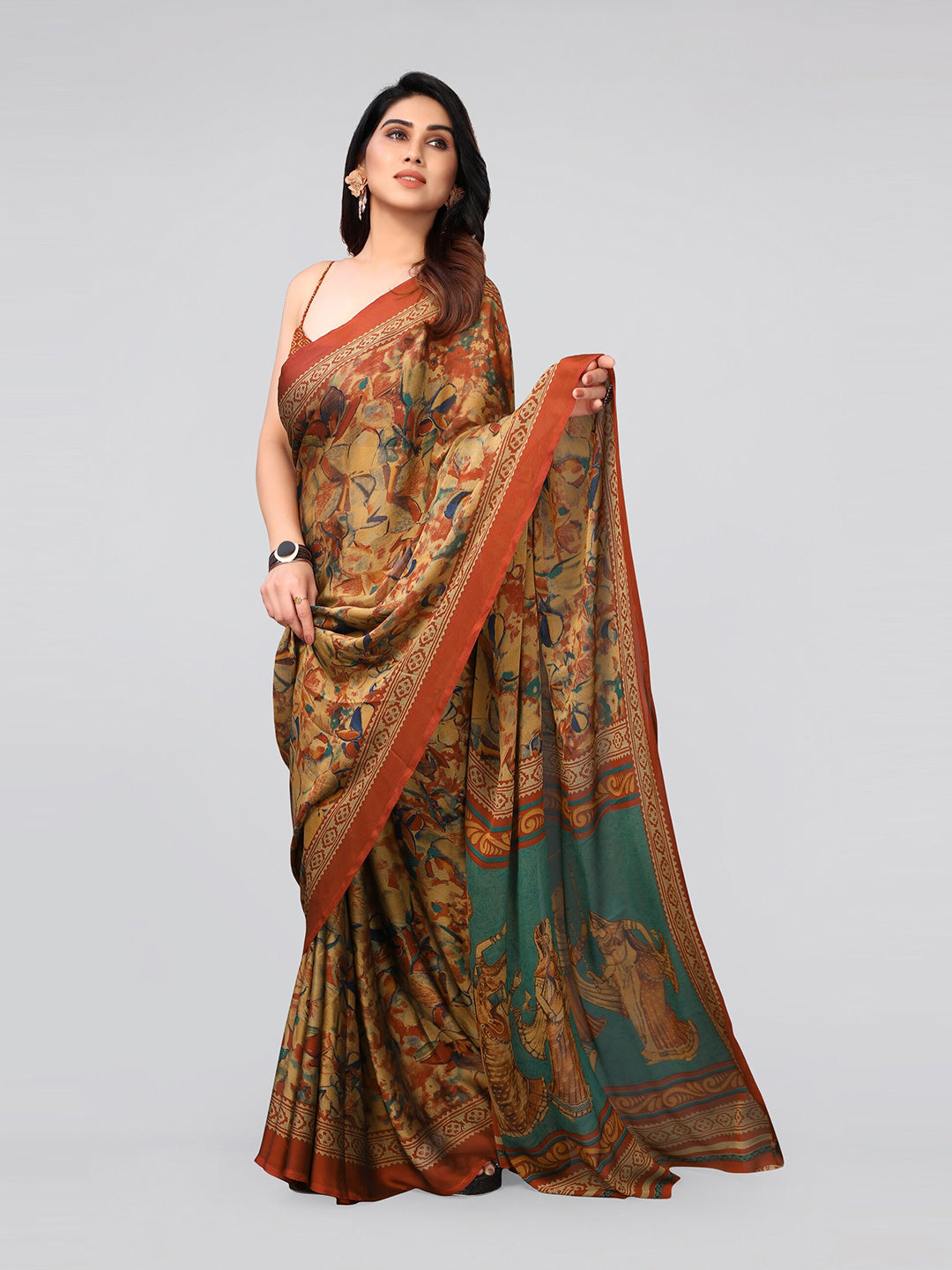 Kalini Orange And Mustard Yellow Ethnic Motifs Print Poly Chiffon Saree - Distacart