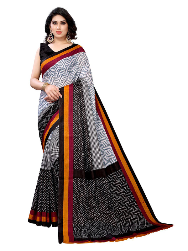 Kalini Off-White & Black Printed Pure Cotton Saree - Distacart