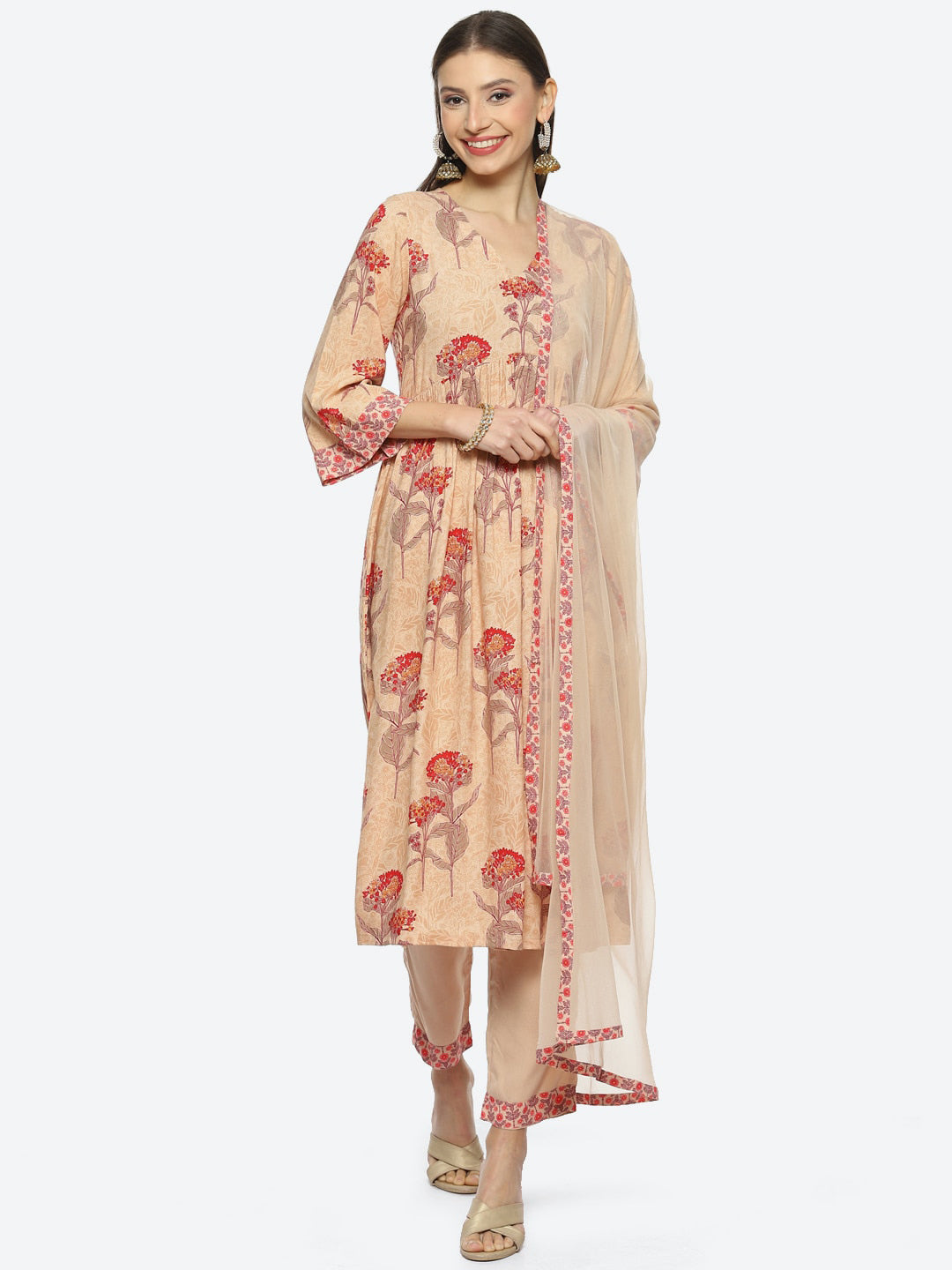 Biba Floral Printed V-Neck A-Line Kurta with Trousers & With Dupatta - Distacart