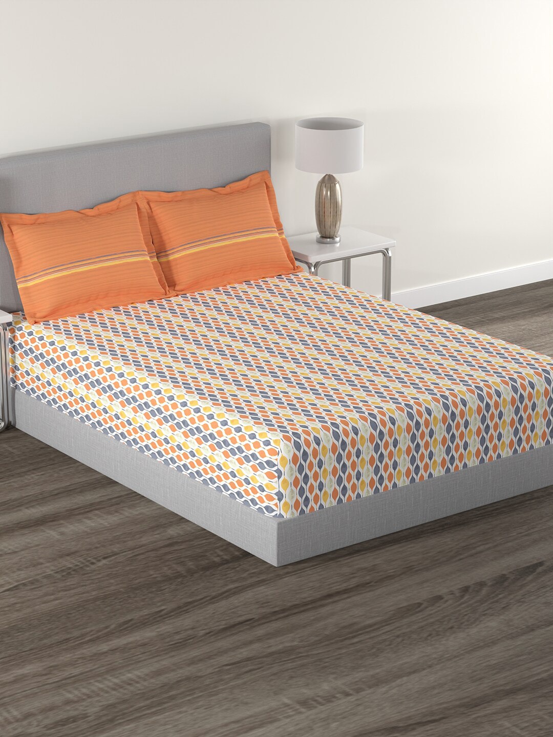 MYTRIDENT Orange White Geometric Cotton 144 TC Queen Bedsheet With 2 Pillow Covers - Distacart