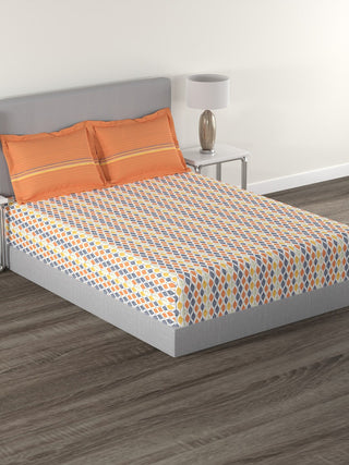 MYTRIDENT Orange White Geometric Cotton 144 TC Queen Bedsheet With 2 Pillow Covers - Distacart