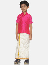 Thumbnail for Sethukrishna Boys Pink & Cream-Coloured Solid Shirt and Veshti Set - Distacart