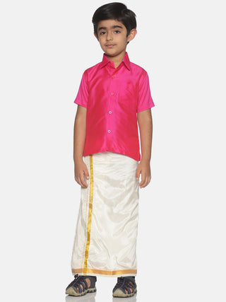 Sethukrishna Boys Pink & Cream-Coloured Solid Shirt and Veshti Set - Distacart