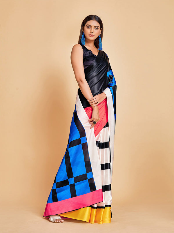 Sangria Blue & Black Striped Satin Ready to Wear Saree - Distacart