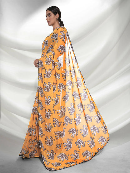Yellow Georgette Animal Printed Saree With Unstitched Blouse Piece - Rajal - Distacart