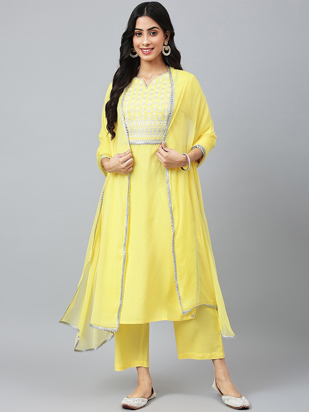 Khushal K Round Neck Thread Work Kurta with Palazzos & Dupatta - Distacart