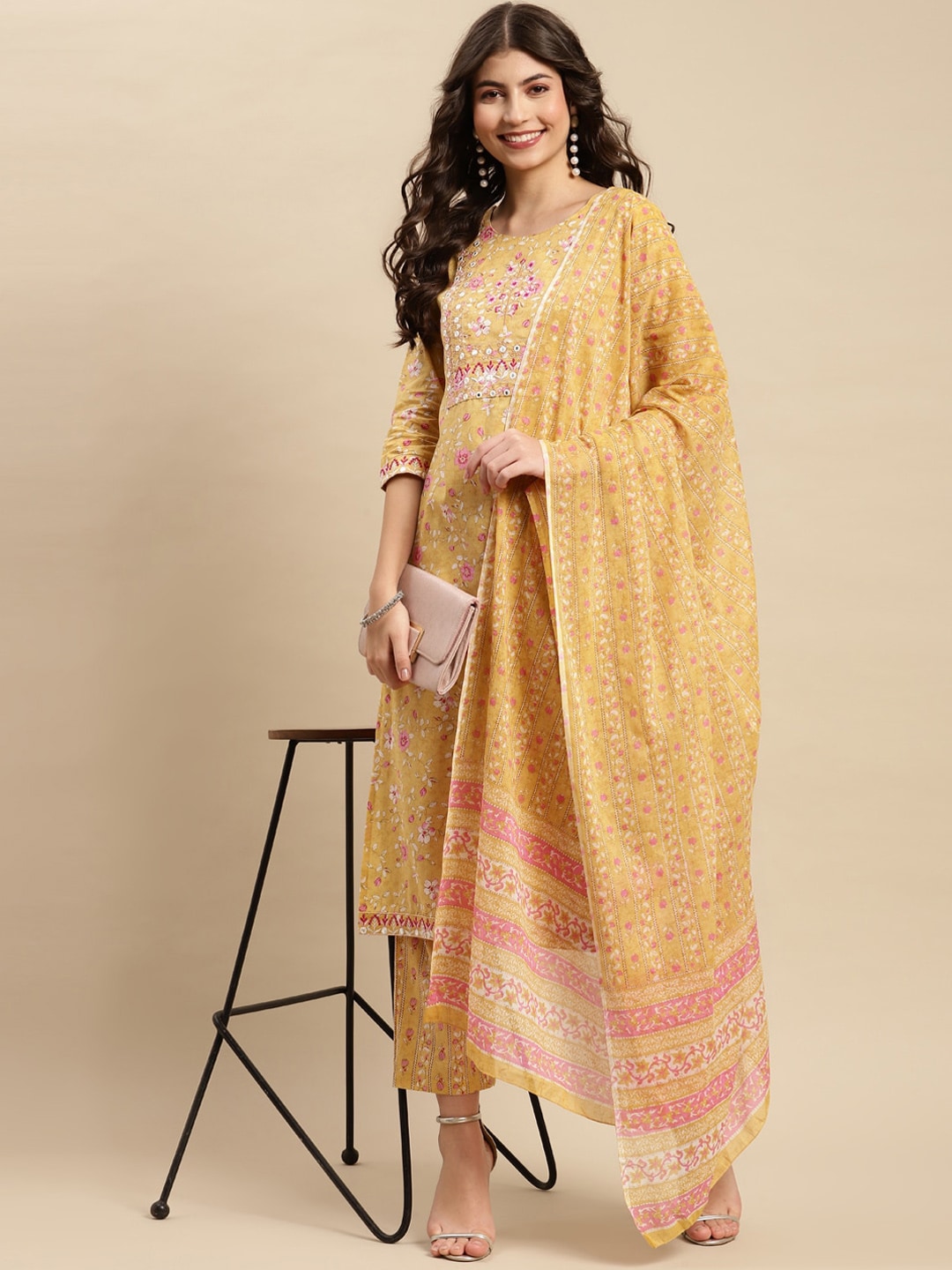 Sangria Yellow & Pink Floral Printed Pure-Cotton Straight Kurta With Trouser & Dupatta - Distacart