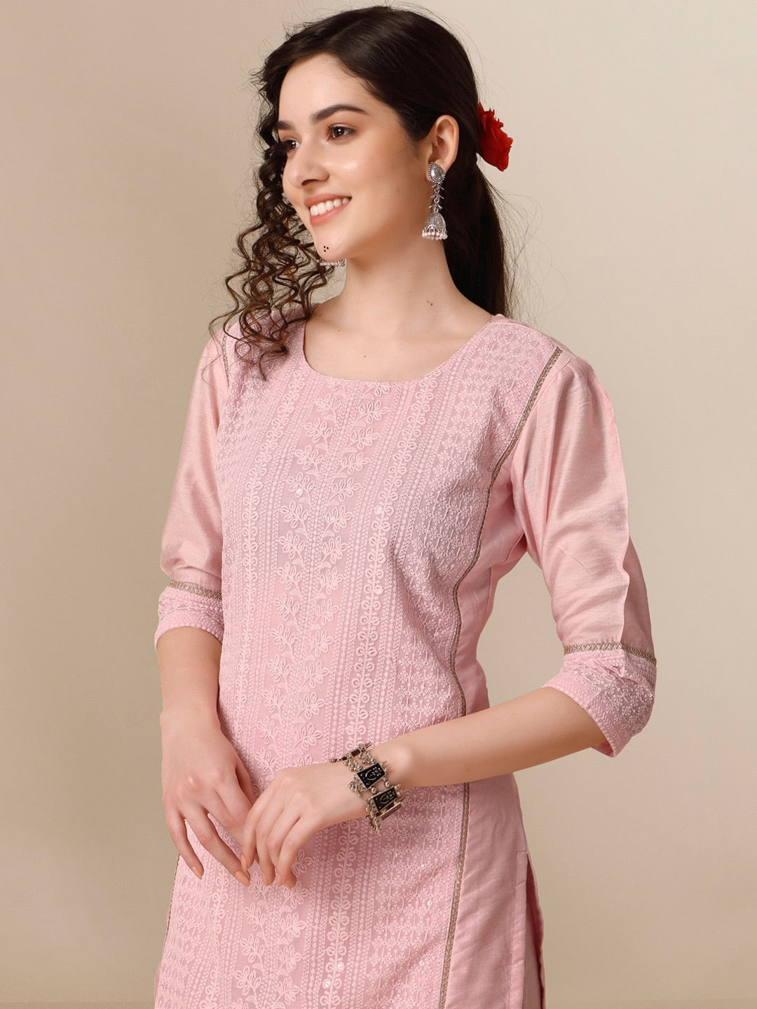 HERE&NOW Lucknowi Chikankari Schiffli Chanderi Silk Kurta Trousers with Organza Dupatta - Distacart