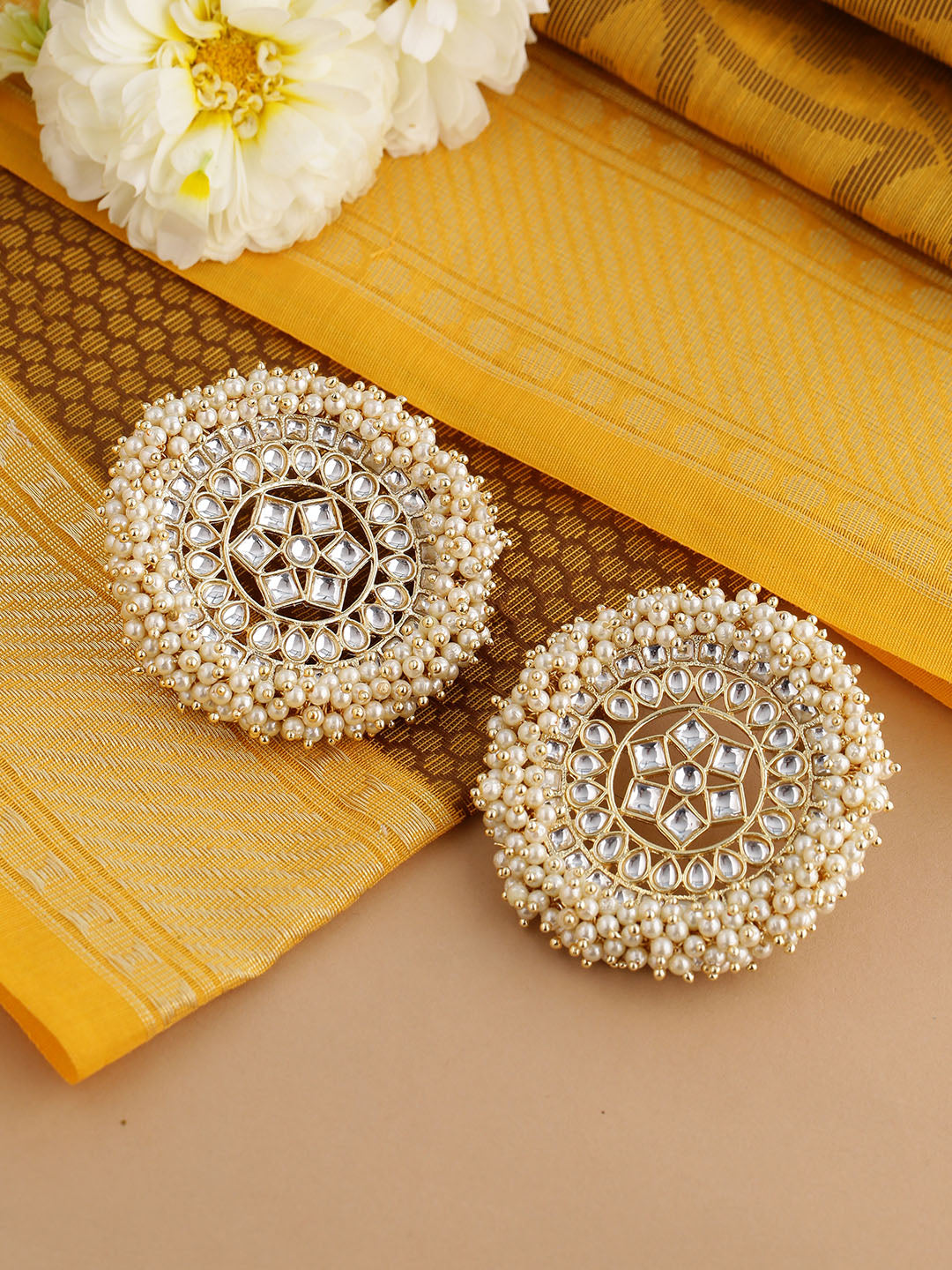 Shoshaa off-White Gold Plated Kundan Studded & Beaded Circular Drop Earrings - Distacart