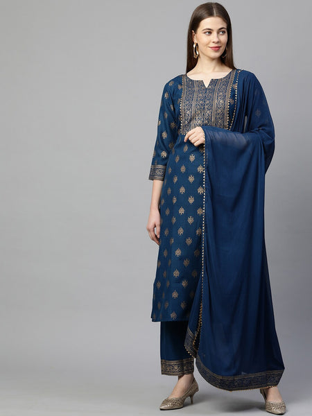 Kalini Women Blue Ethnic Motifs Printed Kurta with Trousers & With Dupatta - Distacart