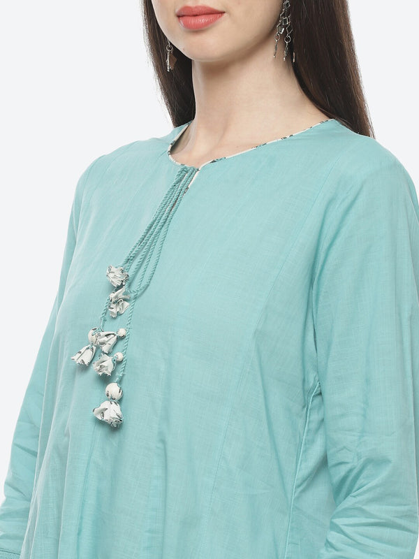 Biba Women Turquoise Blue Floral Yoke Design Panelled Pure Cotton Kurti with Trousers & With Dupatta - Distacart