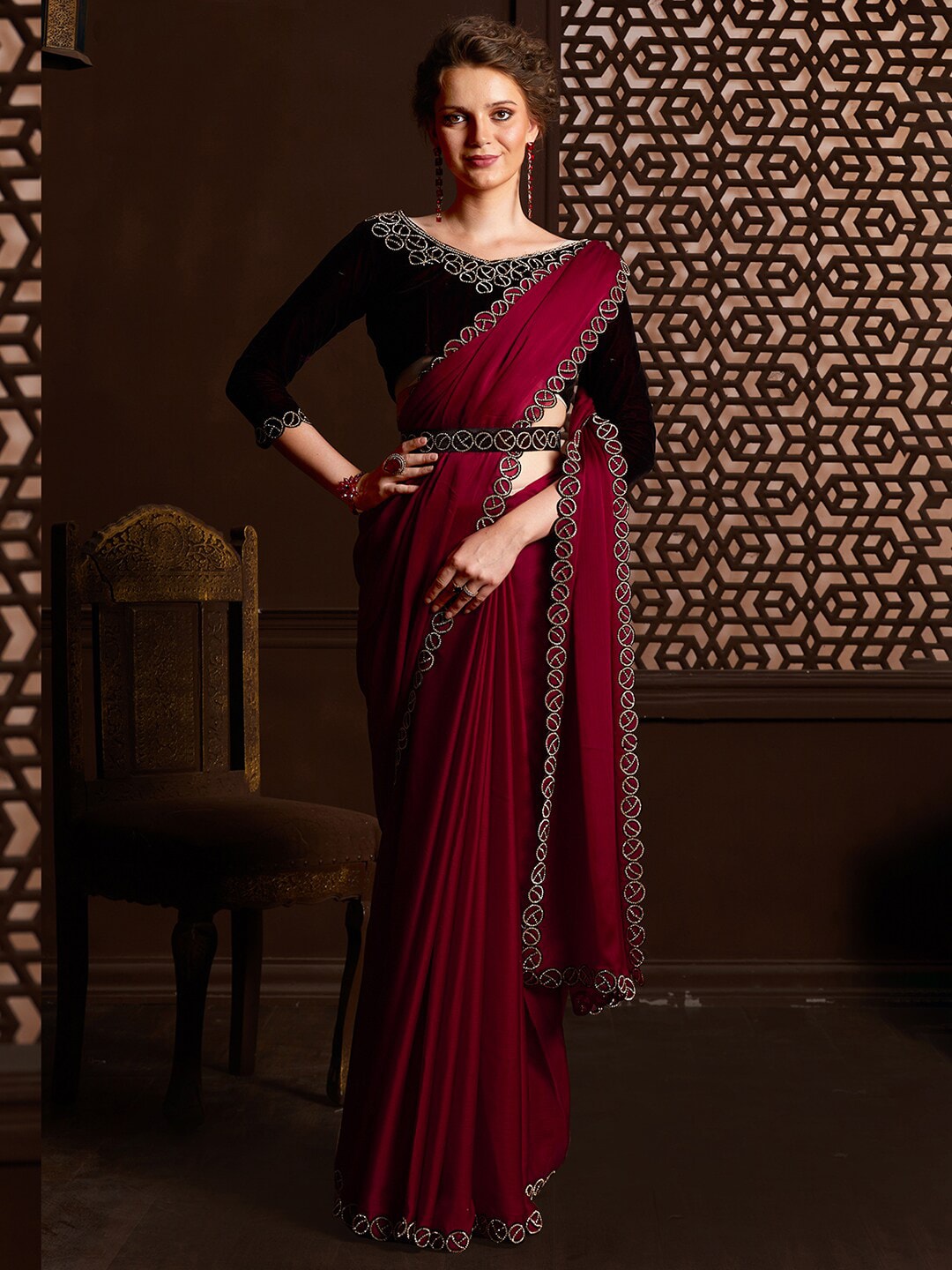 Saree Mall Embellished Border Pure Chiffon Sarees - Distacart