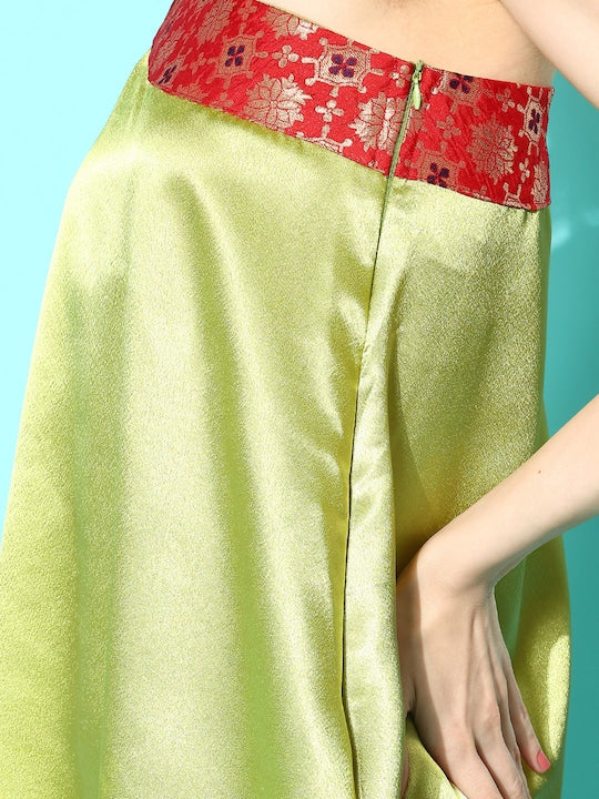 InWeave Women's Olive Red Brocade Satin Oneshoulder Kurta Set - Distacart