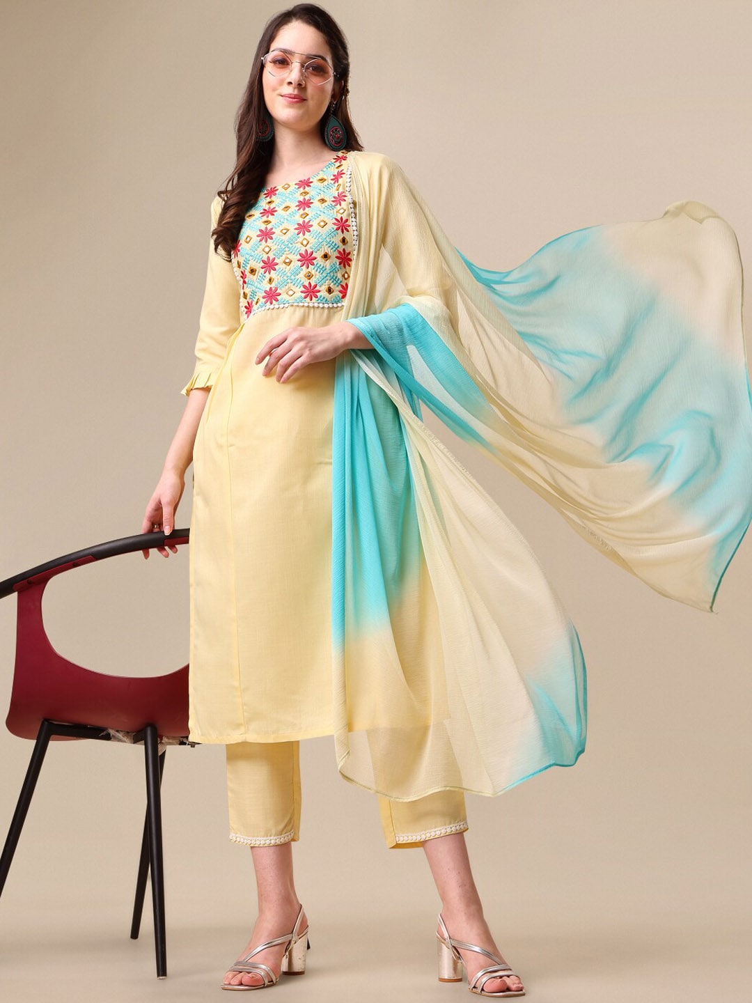 Kalini Women Embroidered A-Line Kurta with Trousers & Ombre Dupatta Set - Distacart
