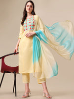 Thumbnail for Kalini Women Embroidered A-Line Kurta with Trousers & Ombre Dupatta Set - Distacart