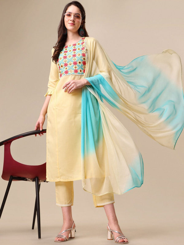 Kalini Women Embroidered A-Line Kurta with Trousers & Ombre Dupatta Set - Distacart