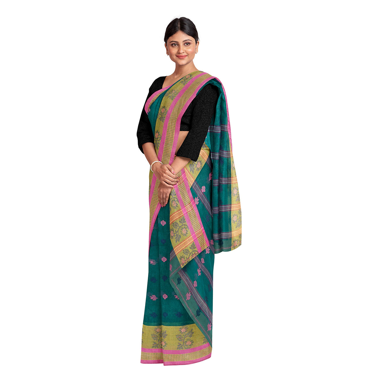 Exclusive Collection 100% Pure Cotton Green Tant Saree With Hand Weaving Work - Distacart