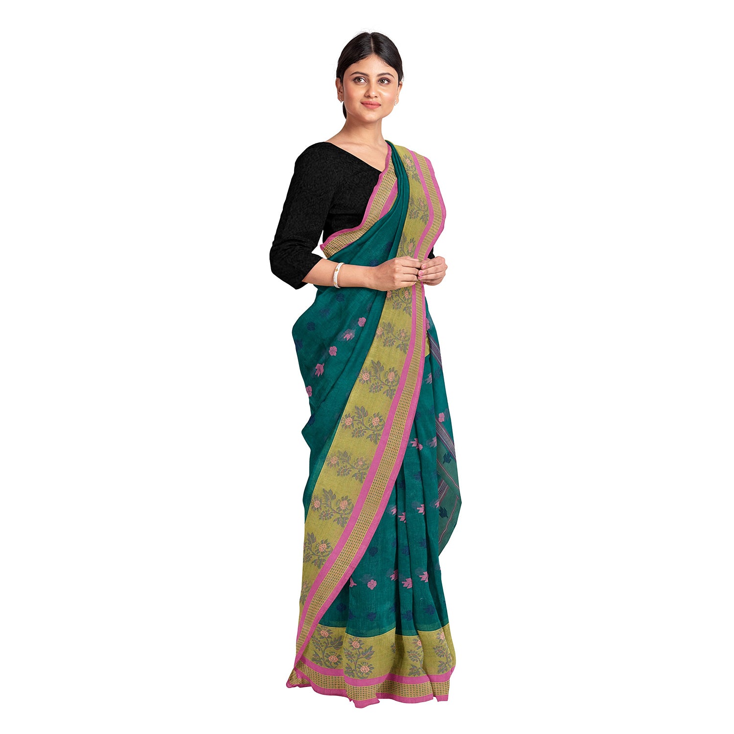 Exclusive Collection 100% Pure Cotton Green Tant Saree With Hand Weaving Work - Distacart