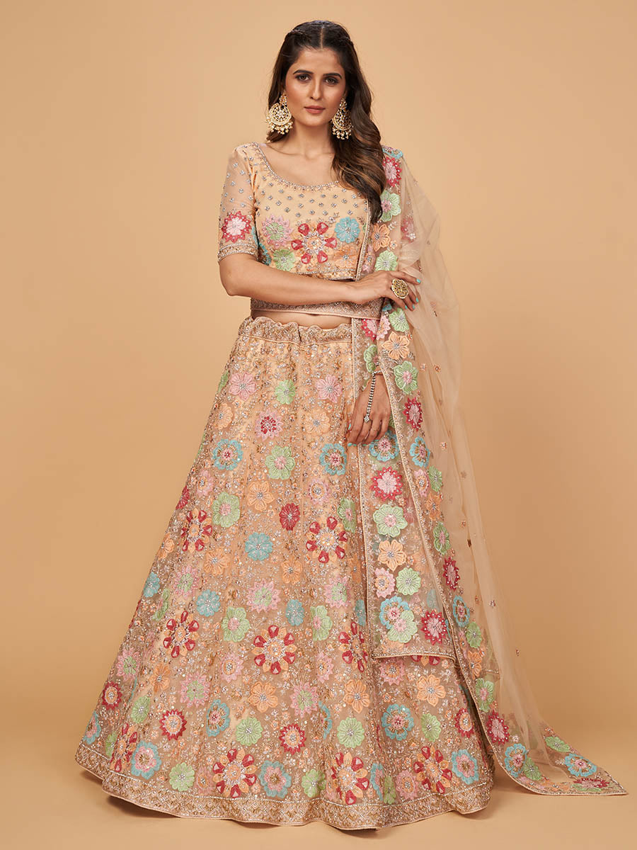 Myra Peach Soft Net Heavy Embroidered Designer Lehenga - Distacart