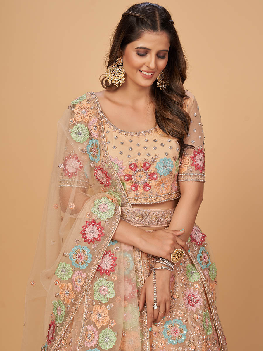 Myra Peach Soft Net Heavy Embroidered Designer Lehenga - Distacart