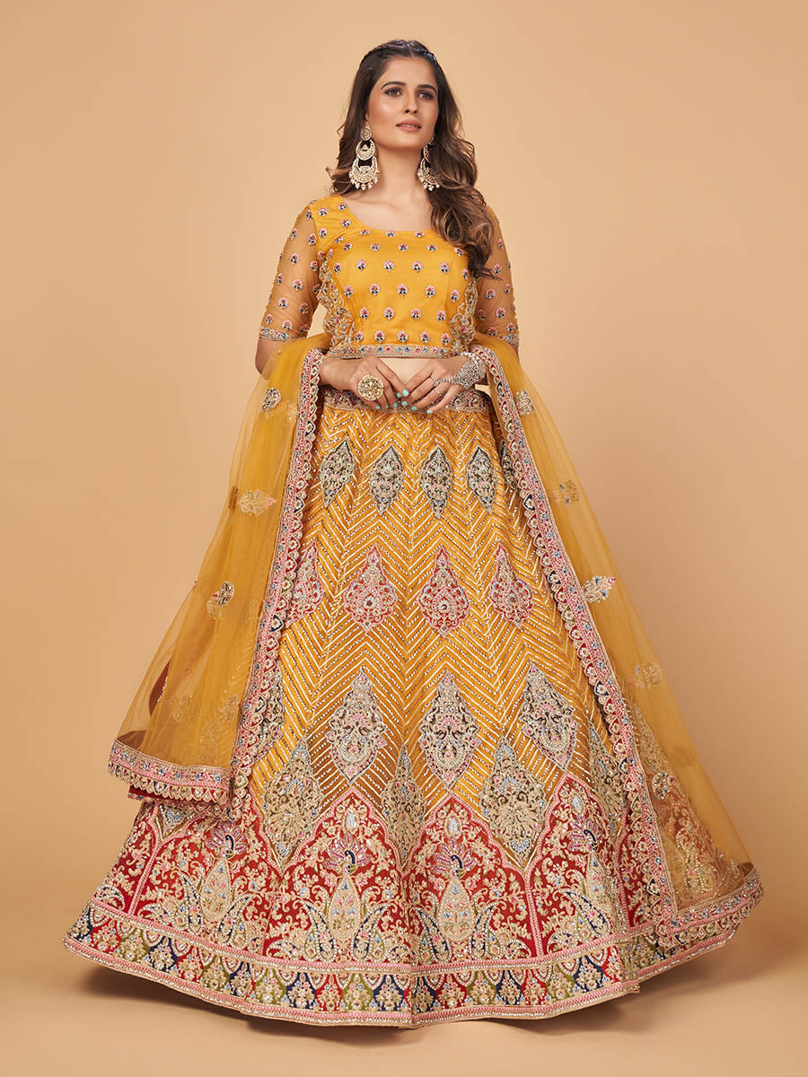Myra Mustard Soft Net Heavy Embroidered Designer Lehenga - Distacart