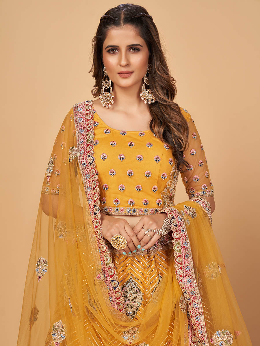 Myra Mustard Soft Net Heavy Embroidered Designer Lehenga - Distacart